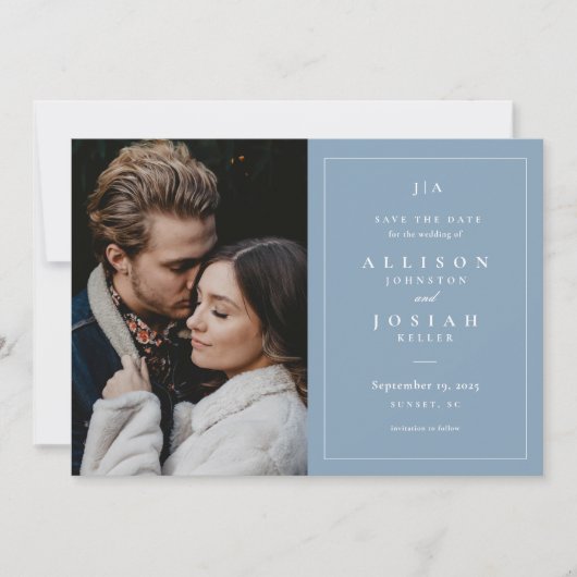 Classic Monogram Dusty Blue Wedding Foto Save The Date (Voorkant)