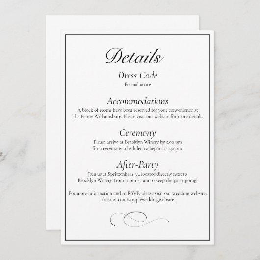 Classic Monogram Elegant Wedding Detail Card Kaart (Voorkant / Achterkant)