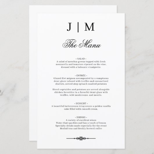 Classic Monogram Elegant Wedding Menu (Voorkant / Achterkant)