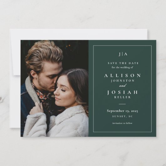Classic Monogram Forest Green Weddenfoto Save The Date (Voorkant)