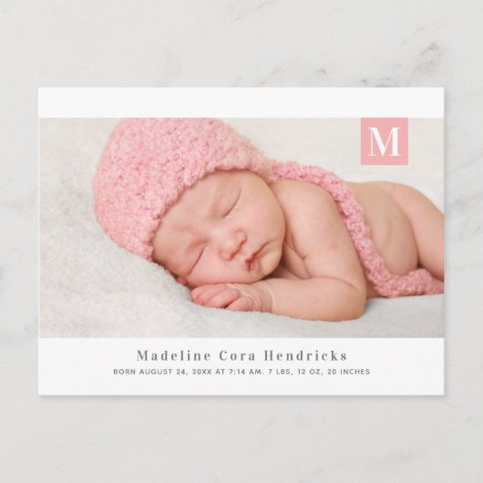 Classic Monogram Girls Birth Announcement Briefkaa Briefkaart (Voorkant)
