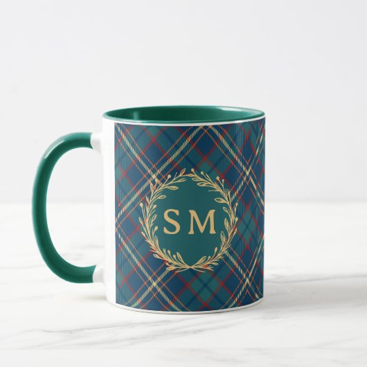 Classic Monogram Gold Wreath Green Tartan Plaid Mok (Links)