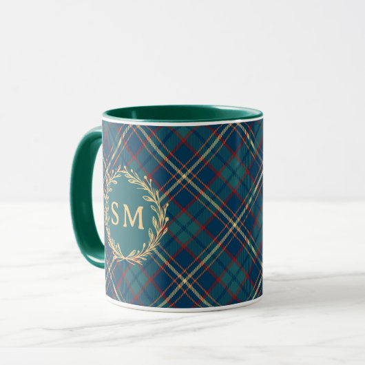 Classic Monogram Gold Wreath Green Tartan Plaid Mok (Voorkant links)