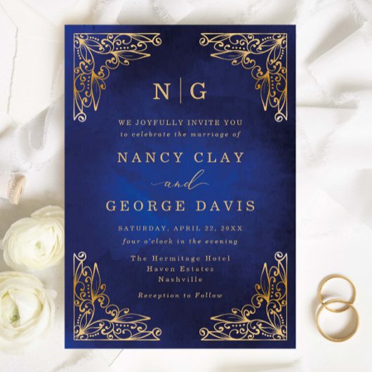 Classic Monogram Goud Lijst Blauw Huwelijk Kaart