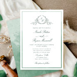 Classic Monogram Green Waterverf Wedding Kaart<br><div class="desc">Verrukkelijk vrienden en familie met deze elegante trouwuitnodiging die een voortreffelijke, met de hand getrokken, botanisch monogram met bruid en groom's initialen toont. Vooruitnodiging afgesneden met dunne groene tinten waterverf lijst, terwijl de uitnodigingen terug zijn met mooie waterverf in groene tinten. Schone en eenvoudige vormgeving vol elegantie en genade met...</div>
