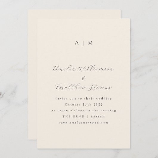 Classic Monogram Ivory Black Script Weddenschap Kaart (Voorkant / Achterkant)