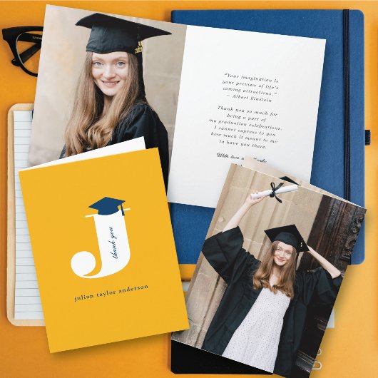 Classic Monogram J Graduation Cap Modern Foto Bedankkaart