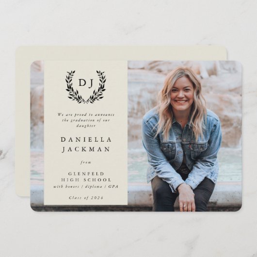 Classic Monogram Laurel WreatAfstuderen Foto Aankondiging (Voorkant / Achterkant)