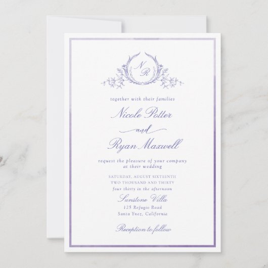 Classic Monogram Lavender Waterverf Wedding Kaart (Voorkant)