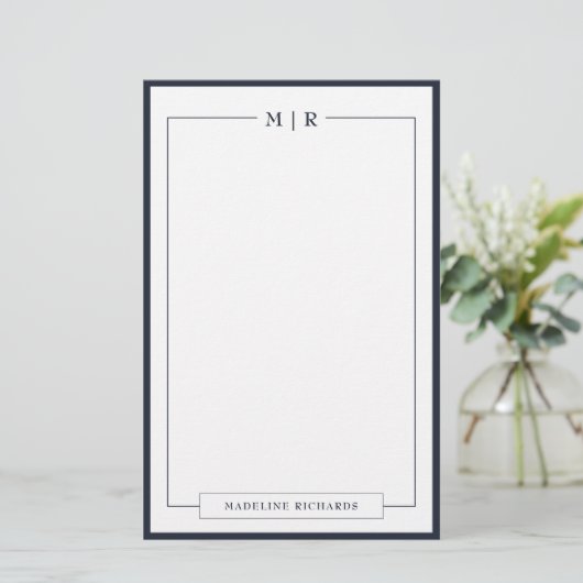 Classic Monogram Navy Blue Border Stationery Briefpapier (Staand voorkant)