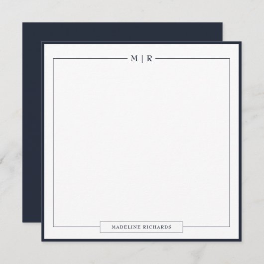 Classic Monogram Navy Blue Border Stationery Notitiekaartje (Voorkant / Achterkant)