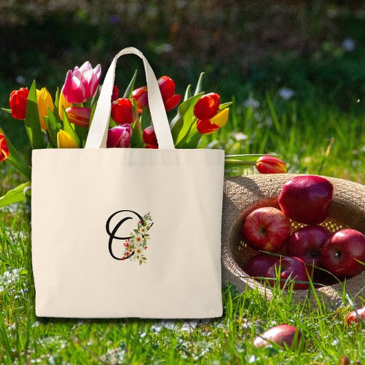 Classic monogram O red white flower mother gift  Grote Tote Bag