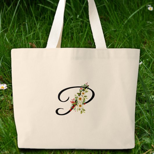 Classic monogram P red white flower mother gift Grote Tote Bag