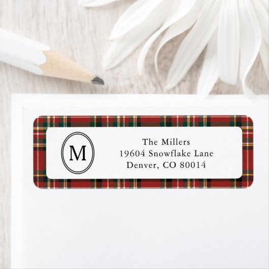 Classic Monogram Red Plaid Christmas Address Etiket (Insitu)