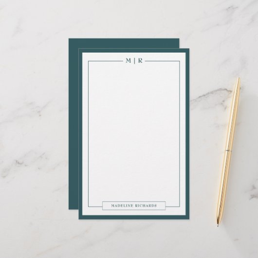 Classic Monogram Smoke Green Border Stationery Briefpapier (Voorkant / Achterkant in situ)