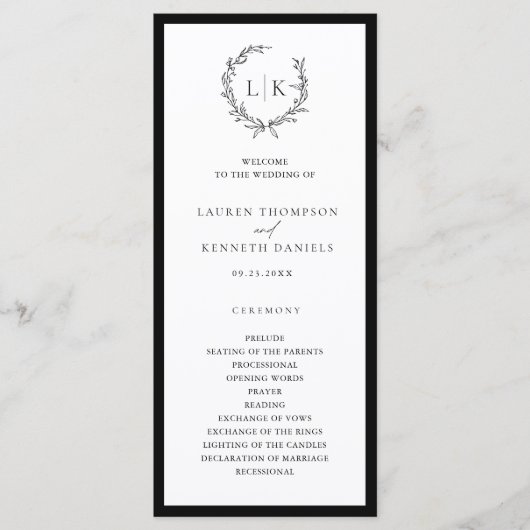 Classic Monogram Wreath Wedding Program Menu (Voorkant)