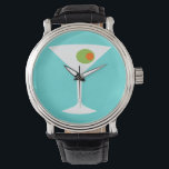 Classic Movie Martini Watch (turquoise) Horloge<br><div class="desc">Dit Classic Movie Martini Watch kenmerkt een turquoise achtergrond en het afbeelding van een wit silhouet van een martini glas. Binnen in het glas is een glorieuze groene olijf met een oranje pimento. Dit is een leuk horloge voor iedereen die wil dat ze een personage waren in een klassieke film....</div>
