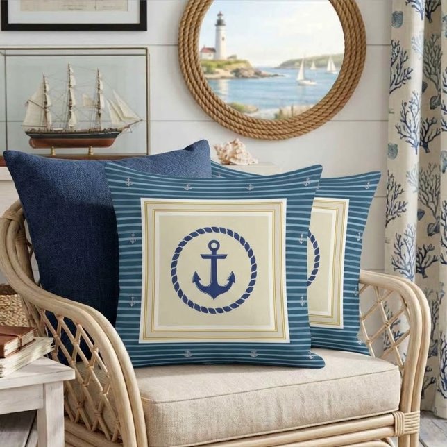 Classic Nautical Navy Blue & Gold Anchor Striped Kussen (Creator heeft geüpload)