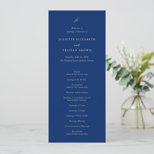 Classic Navy and Cream Elegant Wedding Programmakaart (Staand voorkant)