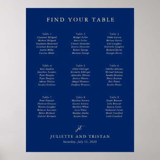 Classic Navy and Cream Wedding Seating Chart Poster (Voorkant)