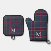 Classic Navy and Red Tartan Plaid Christmas  Ovenwant & Pannenlap Set (Voorkant)