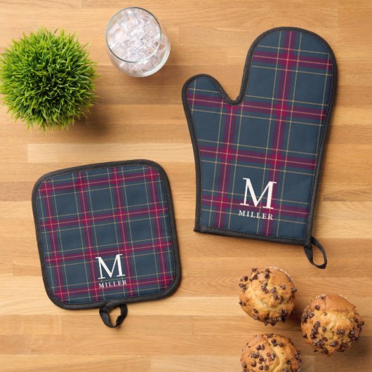 Classic Navy and Red Tartan Plaid Christmas  Ovenwant & Pannenlap Set (Top down)