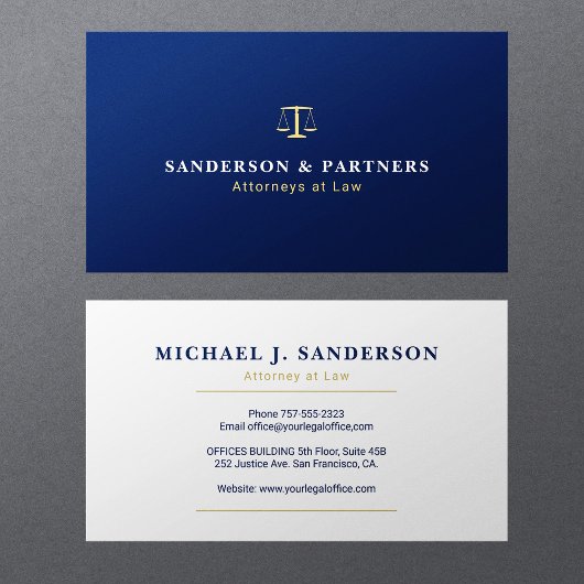 Classic navy blue and gold attorney at law visitekaartje