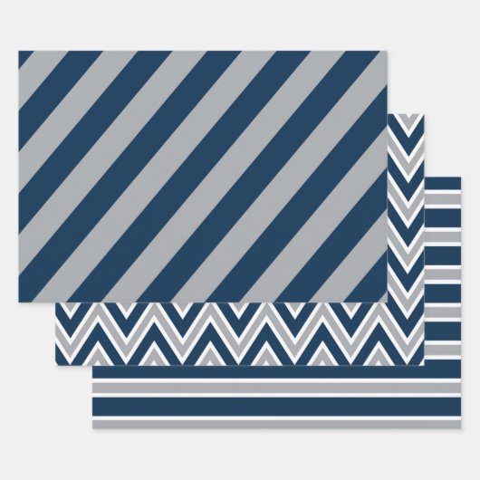 Classic Navy Blue and Gray Geometric Stripes Inpakpapier Vel (Set)