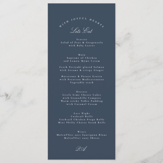 Classic Navy Blue Calligraphy Formal Wedding Menu (Voorkant)