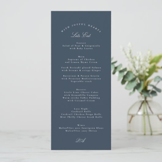 Classic Navy Blue Calligraphy Formal Wedding Menu (Staand voorkant)