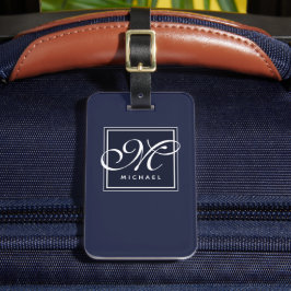Classic Navy Blue en White Script Monogram Bagagelabel