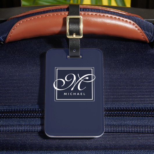Classic Navy Blue en White Script Monogram Bagagelabel (Voorkant Insitu 2)