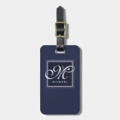 Classic Navy Blue en White Script Monogram Bagagelabel (Voorkant verticaal)