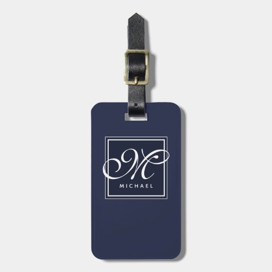Classic Navy Blue en White Script Monogram Bagagelabel (Voorkant verticaal)