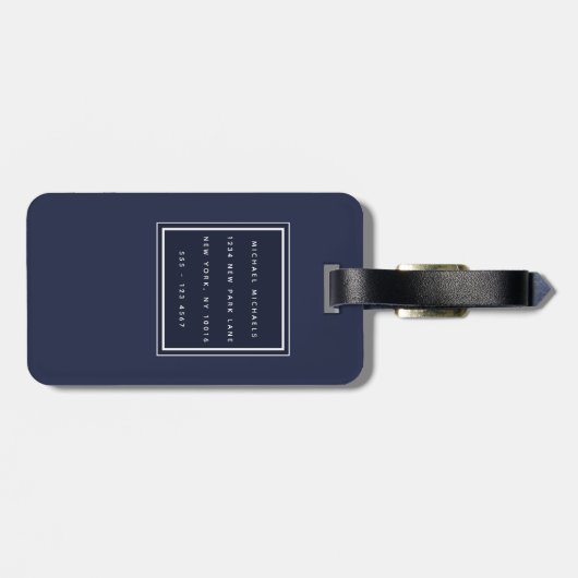 Classic Navy Blue en White Script Monogram Bagagelabel (Achterkant horizontaal)