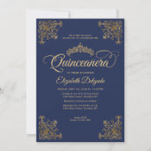 Classic Navy Blue Gold Lijst Tiara Quinceanera Kaart (Voorkant)