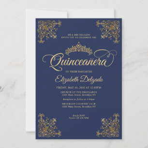 Classic Navy Blue Gold Lijst Tiara Quinceanera Kaart