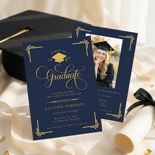 Classic Navy Blue Gold Photo Graduation Kaart