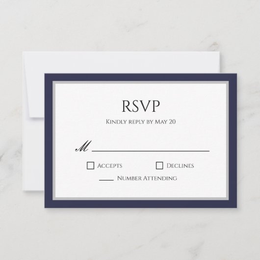 Classic Navy Blue Grey Border RSVP Response Kaart (Voorkant)