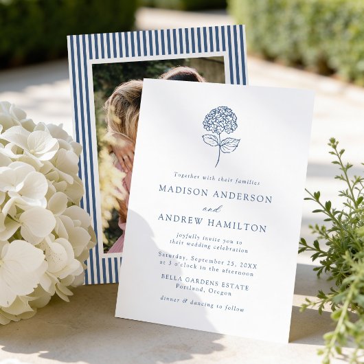 Classic Navy Blue Hydrangea Photo Wedding Kaart