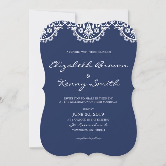 Classic Navy Blue Lace bruiloft uitnodiging Kaart (Voorkant)