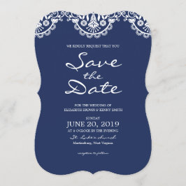 Classic Navy Blue Lace Save the Date Kaart