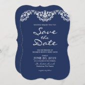 Classic Navy Blue Lace Save the Date Kaart (Voorkant / Achterkant)