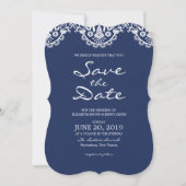 Classic Navy Blue Lace Save the Date Kaart (Voorkant)