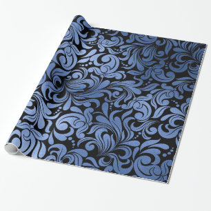 Classic Navy Blue Metal Folie Swirls Damask Cadeaupapier