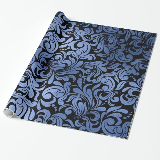 Classic Navy Blue Metal Folie Swirls Damask Cadeaupapier (Uitgerold)