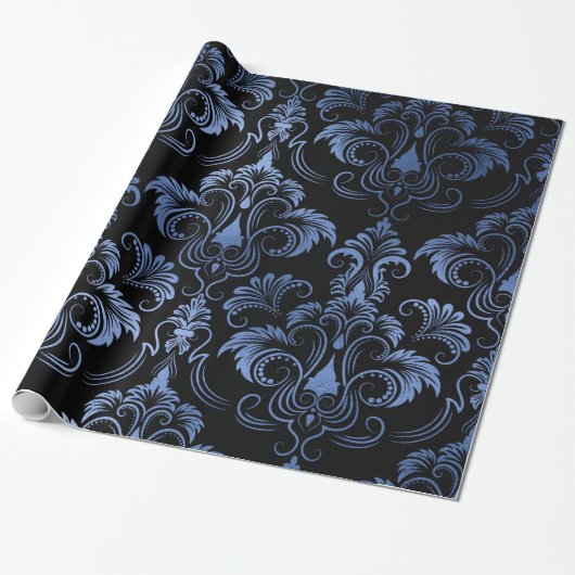 Classic Navy Blue Metal Folie Swirls Damask Cadeaupapier (Uitgerold)