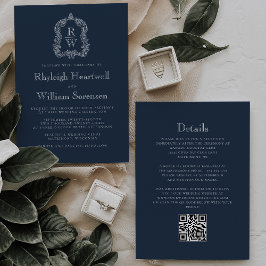 Classic Navy Blue Monogram Crest QR Code Wedding Kaart