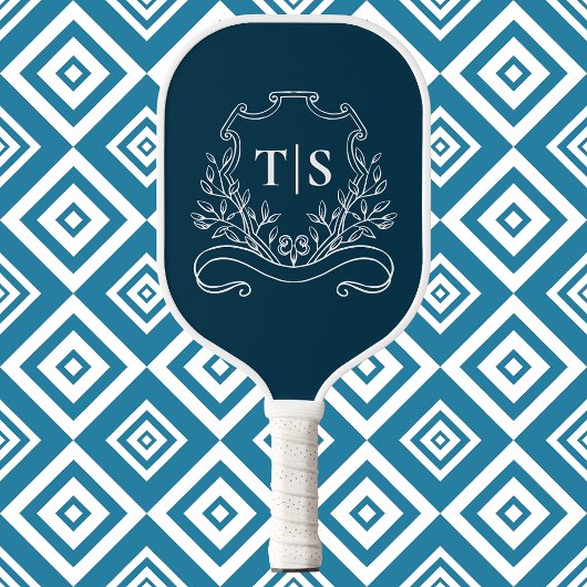 Classic Navy Blue Monogram Custom Initial Crest Pickleball Paddle