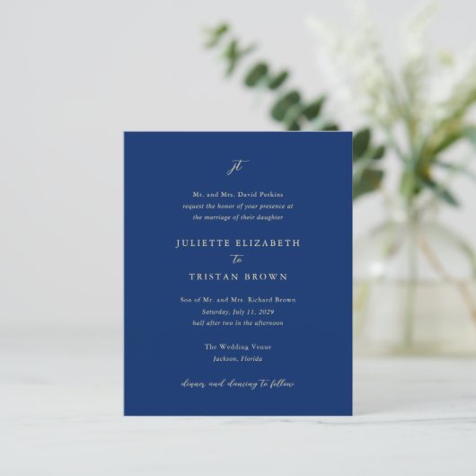 Classic Navy Blue Monogram Elegant Wedding Invite (Staand voorkant)